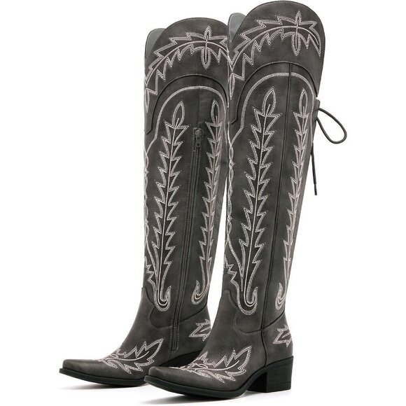 Embroidered Lace up Cowgirl Boots Grey Faux Leather Over the Knee Small Heels - Picture 6 of 7